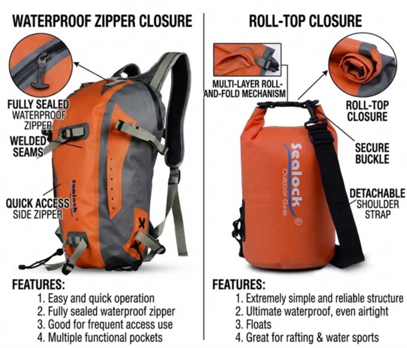 Roll Top vs Waterproof Zipper Camping Bags para sa OEM Projects